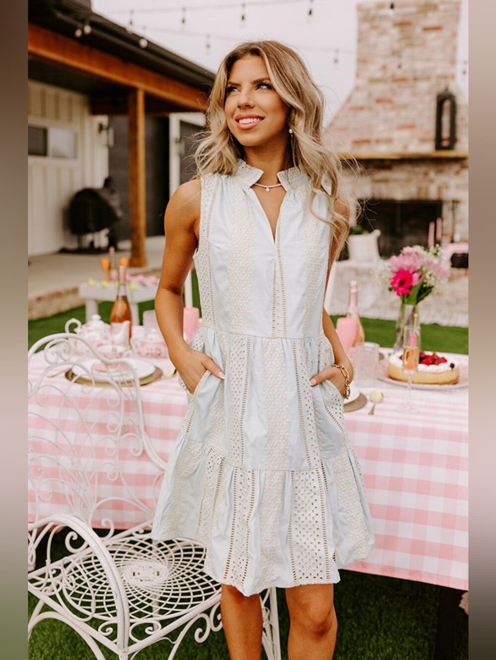 Fate Dress Hamptons Luxury Eyelet Mini size Large 100% Cotton Sky Blue Pockets